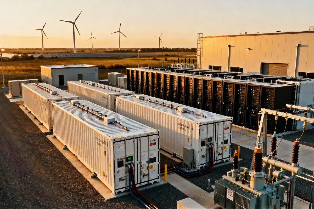 Grid-scale battery storage containers at sunset with wind turbines