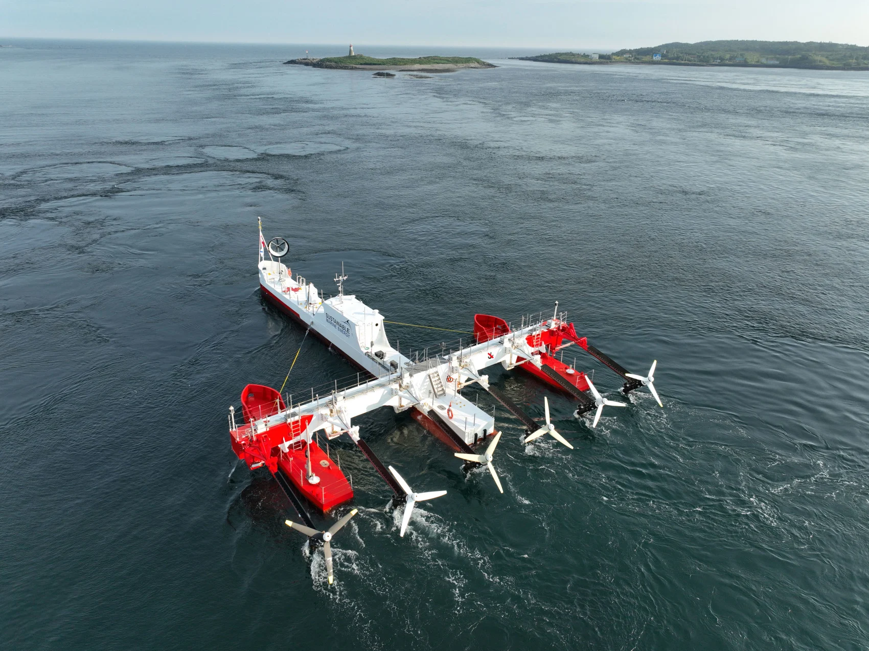 Tidal energy platform with underwater turbines near Nova Scotia coastline